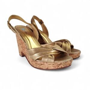 Dani Black Gold Leather Cork Platform Wedge Sandals 7.5M Made in Brazil